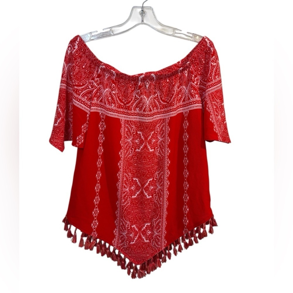 NWT New Directions Boho Blouse Red Top Short Sleeve Off Shoulder Size S